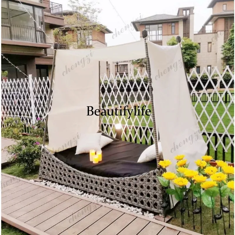 Outdoor round bed balcony leisure rattan chair outdoor courtyard villa swimming pool rattan beach chair waterproof