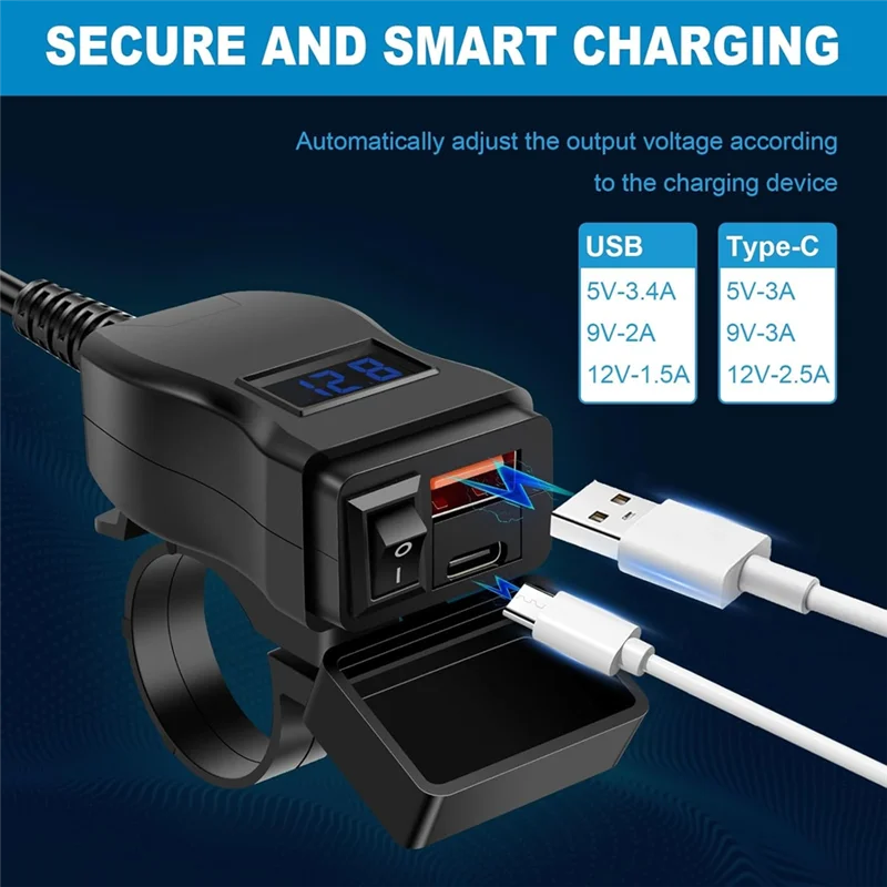 

Отличное USB-зарядное устройство для мотоцикла с вольтметром USB-A + Type-C Зарядное устройство для мотоцикла Быстрое зарядное устройство для мотоциклетных телефонов
