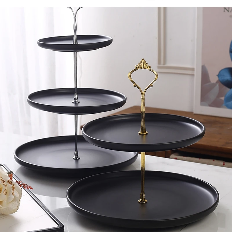 Nordic Art Luxury Ceramic Black Double-layer Candy Snack Dried Fruit Plate Home Three-layer Afternoon Tea Cake Rack