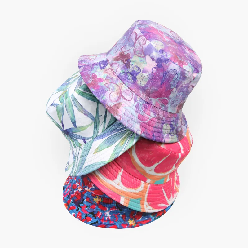 

New Spring Summer Geometric Tie-dye Flower Printed Panama Sun Hat Female Fisherman Caps Outdoor Travel Double-sided Bucket Hats