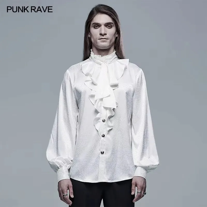 PUNK RAVE Men's Gothic Dark Jacquard Vampire Count Long Sleeve Shirt Collar Ruffles Banquet Wedding    2 Colors