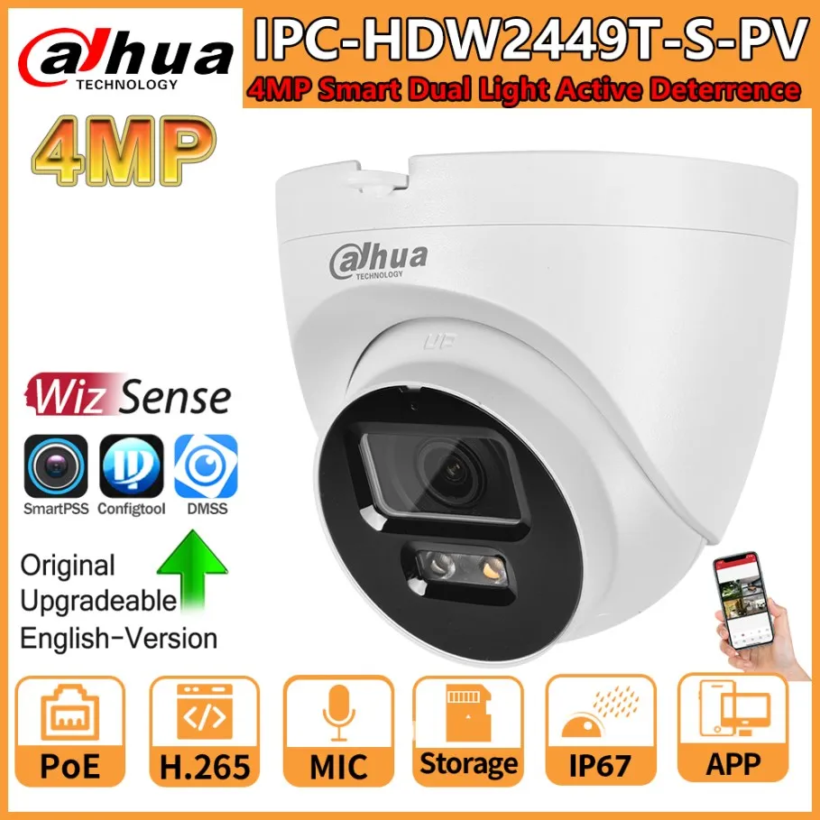 

Dahua IP Camera 4MP IPC-HDW2449T-S-PV Smart Dual Light Active Deterrence WizSense Full Color Camera POE 2-Way Talk SD Card Slot