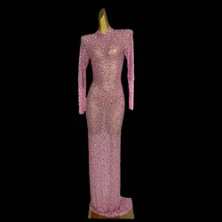 New Elegant Women's Birthday Party Dress Pink Long Sleeve Bright Diamond Evening Dress Tight Ball Long Dress