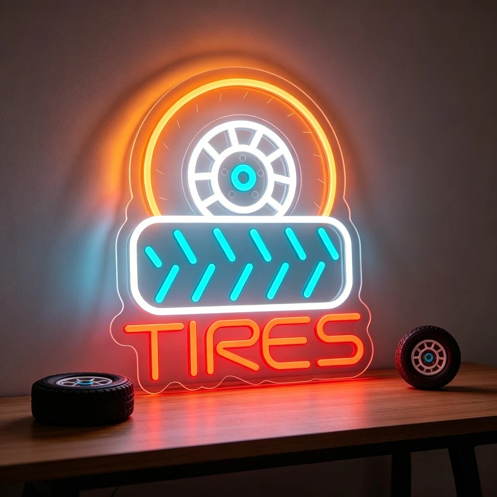TIRES Auto Garage Neon Sign LED Night Light USB Powered RGB Car Repair Shop Decorayion Racing Theme Wall Art Mechanic Gift