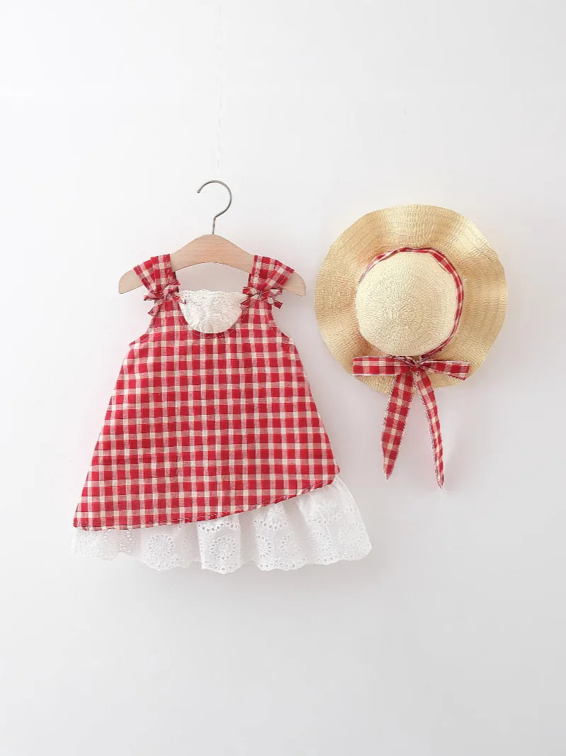 

0-7Y fashion Baby Girls 2025 Red Plaid Dress+Hat Cute Beach Princess Dress With Hat Lace plaid Red Checkered Girl Vacation Dress