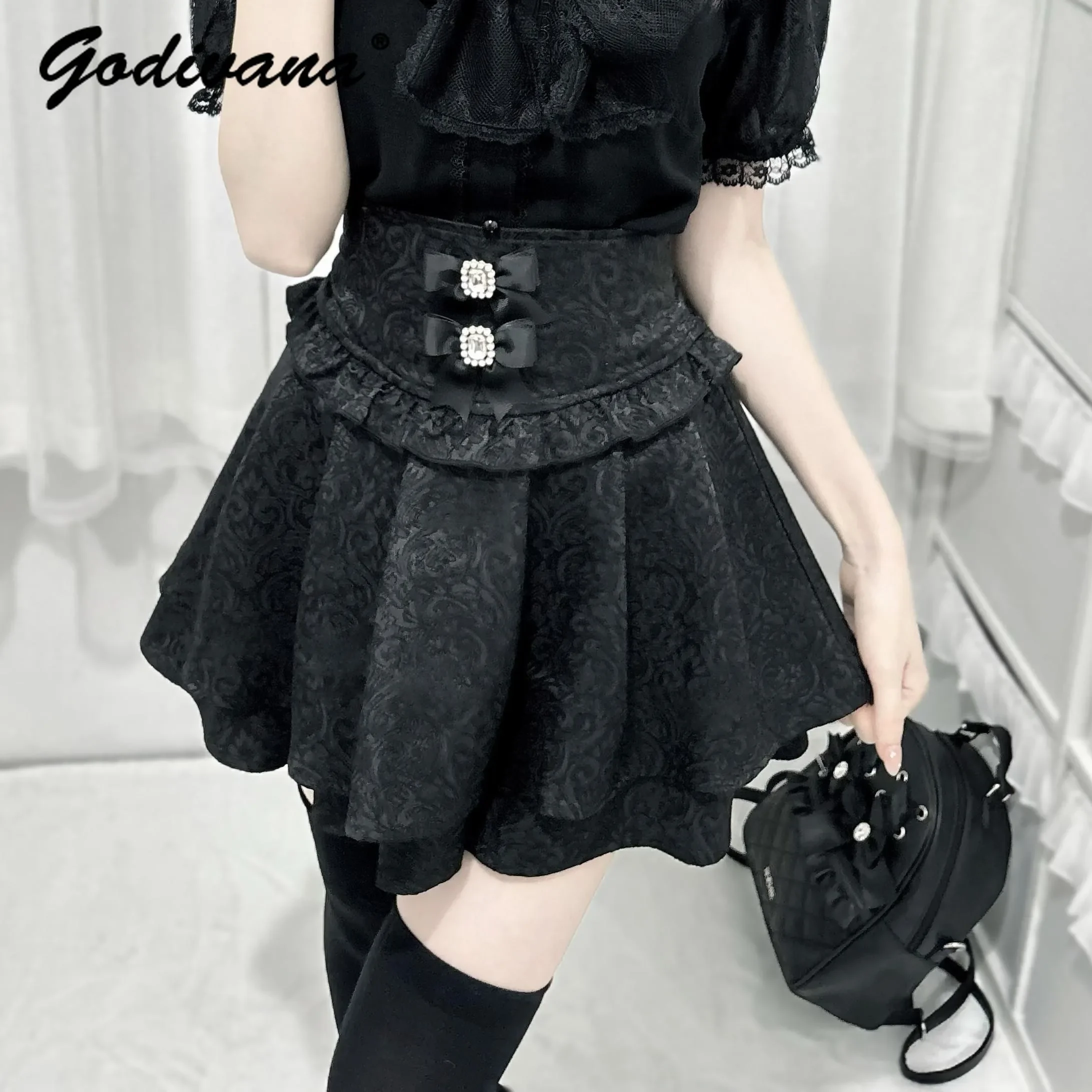 

2024 New Summer Sweet Girls Bow Double-Layer Dark Pattern High Waist Short Skirt Mass-Produced Mine Series Lolita A-line Skirt