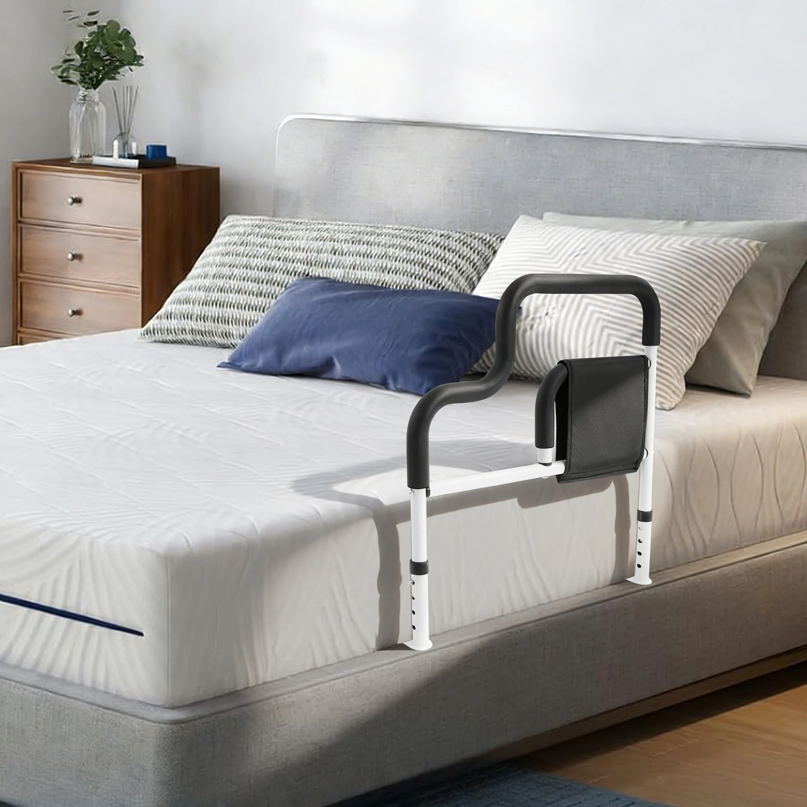 L-shaped Bed Rail Four Level Adjustable Height, 220 lbs Load-Bearing Bedside Fall Prevent Grab Bar for The Senior Bed Assist Rail