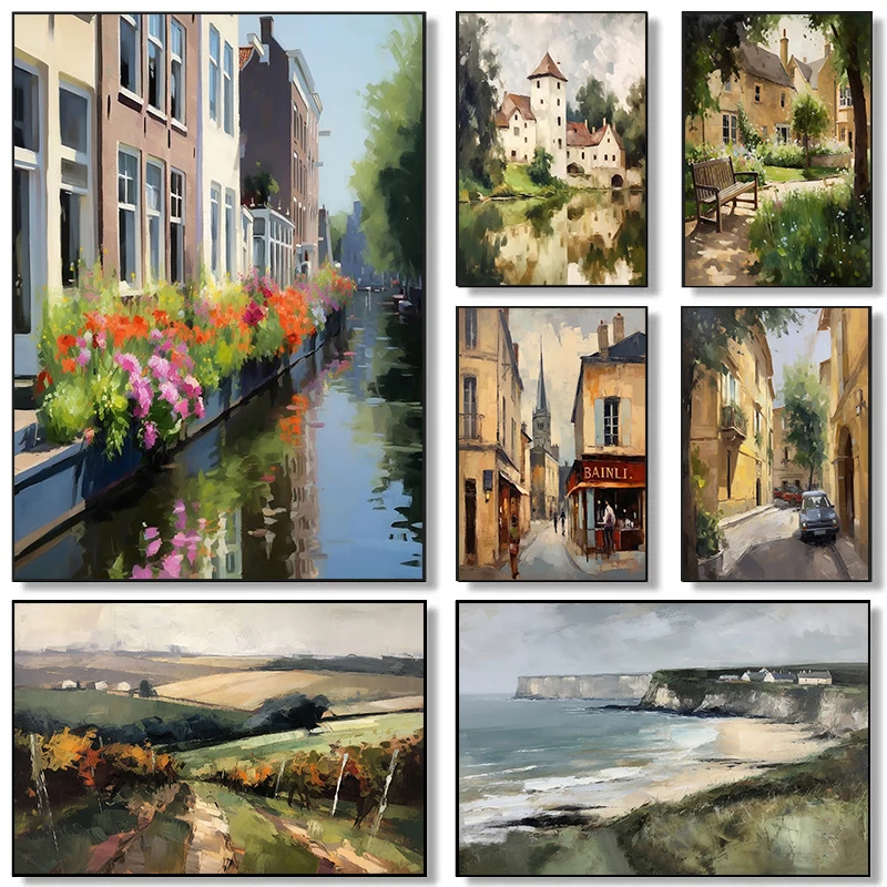 Paisaje Natural Vintage, tonos verdes, vista de calle de campo, arte de pared, póster impreso, pintura en lienzo, sala de estar, granja, decoración del hogar