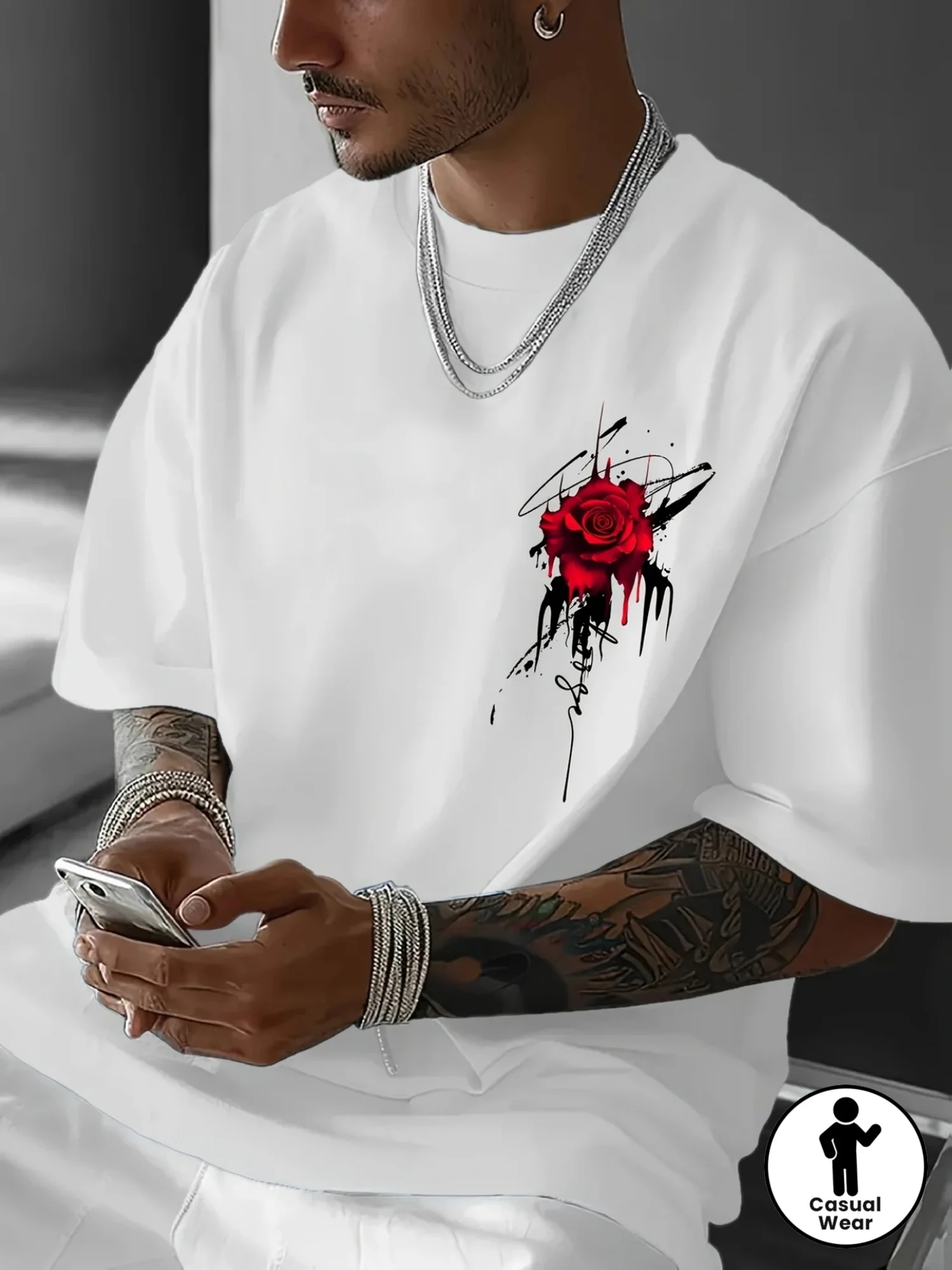 2026 Sommer Neuer Stil Rote Rose und Schwarzes Tintenstropfen-Muster Bedrucktes Herren-T-Shirt 100% Baumwolle Bequem Locker Kurzarm