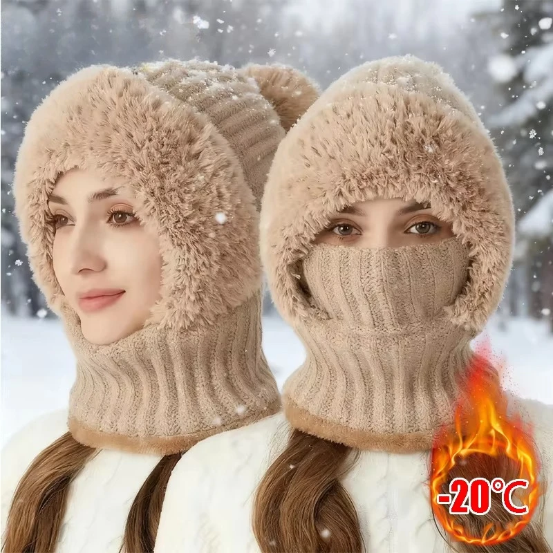 Thermal Fleece Knit Beanie with Ear Covers All-in-One Windproof Hood Neck Warmer Specifically for Bicycle Riders