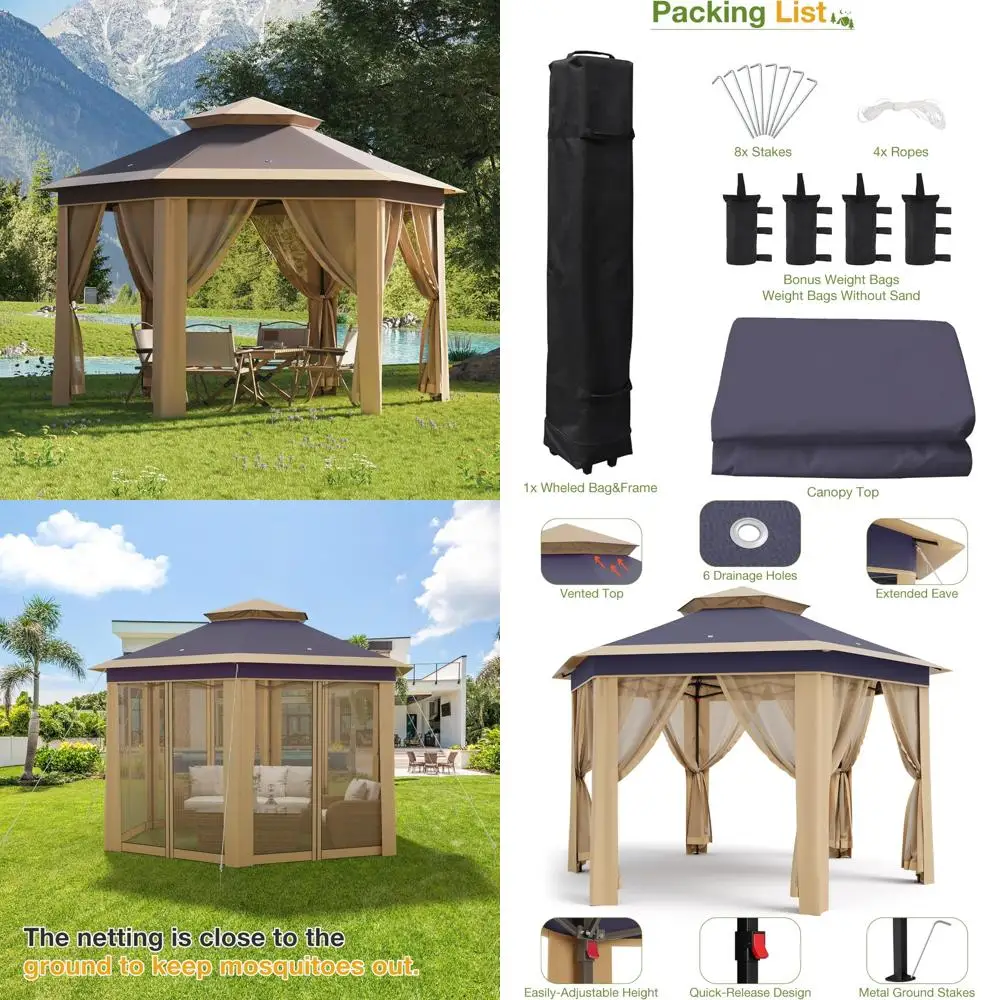 

13x13 Pop Up Gazebo Outdoor Hexagonal Canopy Tent with Mosquito Netting Sides Instant Patio Canopy Shelter, Rain & UV Resistant