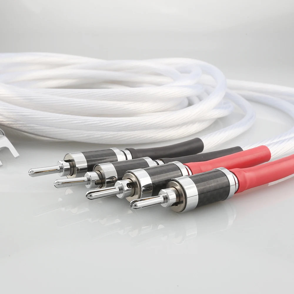 4pcs Hi-end HIFI Silver Plated OFC Speaker Cable With carbon fiber Banana Plug to Y Shape Plugs Speaker Cable Cord Wire