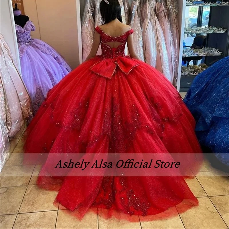 Aschely alsa neue rote Quince anera Kleider mit Schleife Spitze Applikationen Perlen Ballkleid vestido15 süße 16 Prom Party Kleider de 15 años