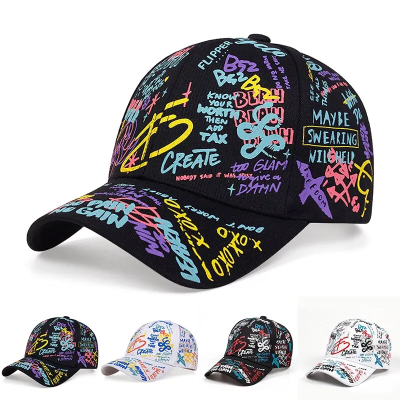 Hip Hop Letter Graffiti Printing Baseball Caps for Men and Women, Casual Golf Hats, Female Beret, Spring and Autumn Accessories