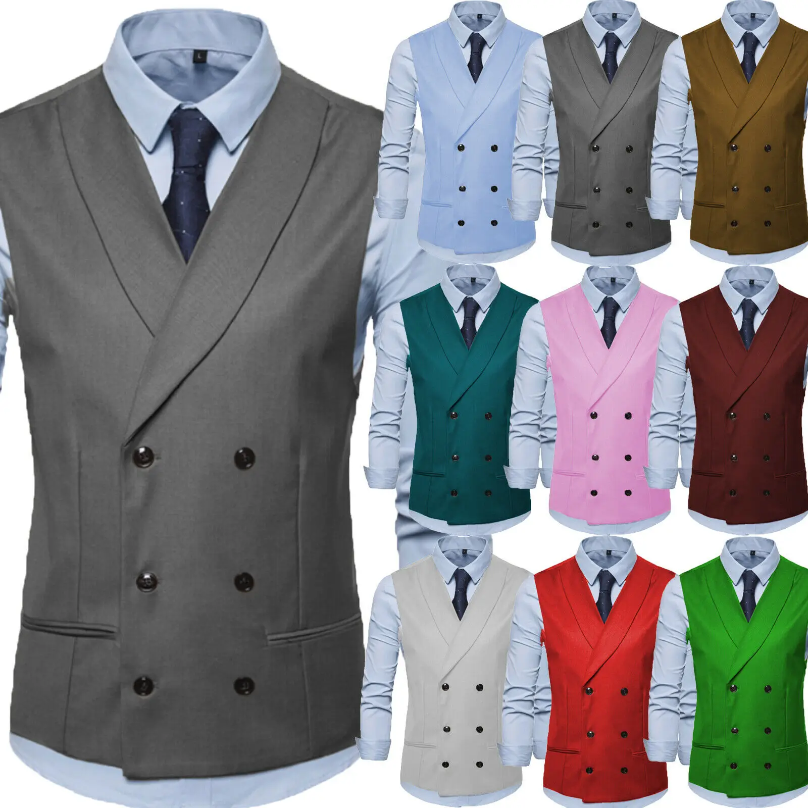 

Men's Suit Vest Formal Lapel Sleeveless Jacket Business Office Slim Double Breasted Waistcoat