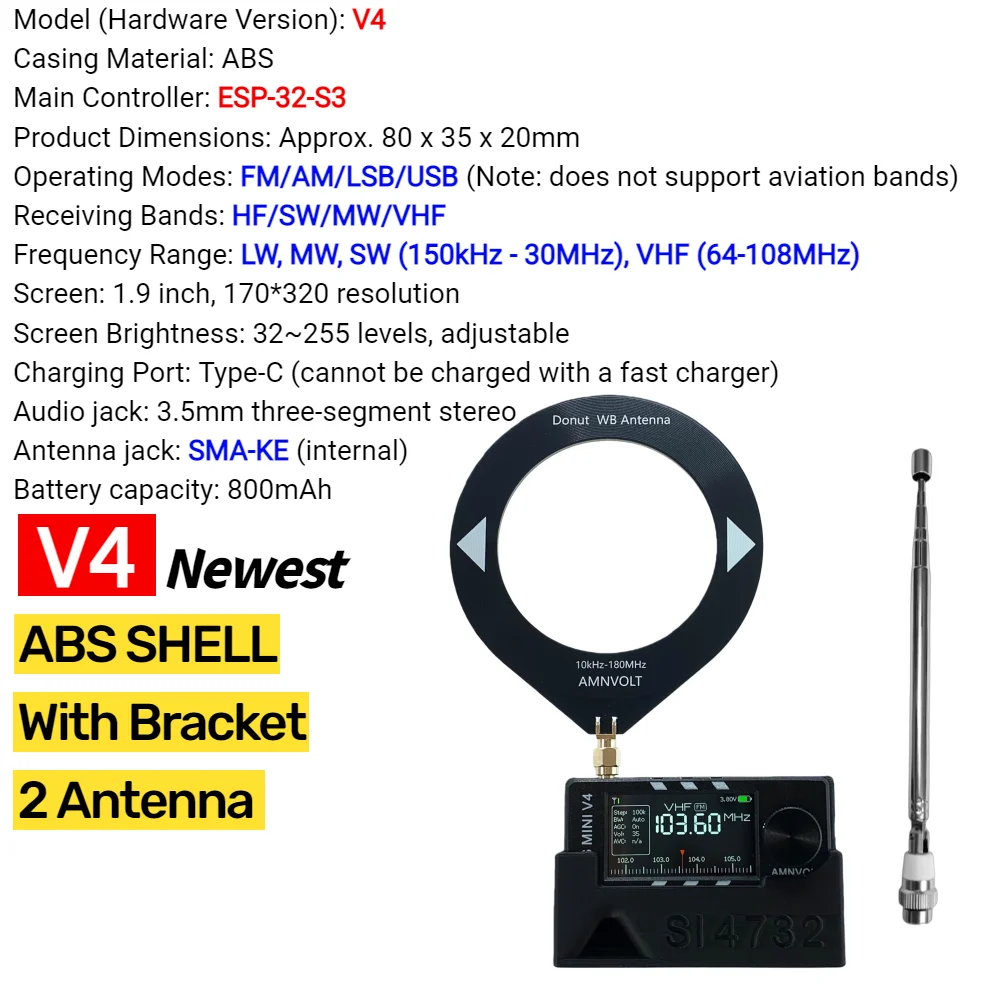 AMNVOLT V4/V3S ATS MINI SI4732 Radio ALL Band DSP Radio FM AM SSB LSB USB-ontvanger, ingebouwd Hi-Z hoofdtelefoonversterkercircuit