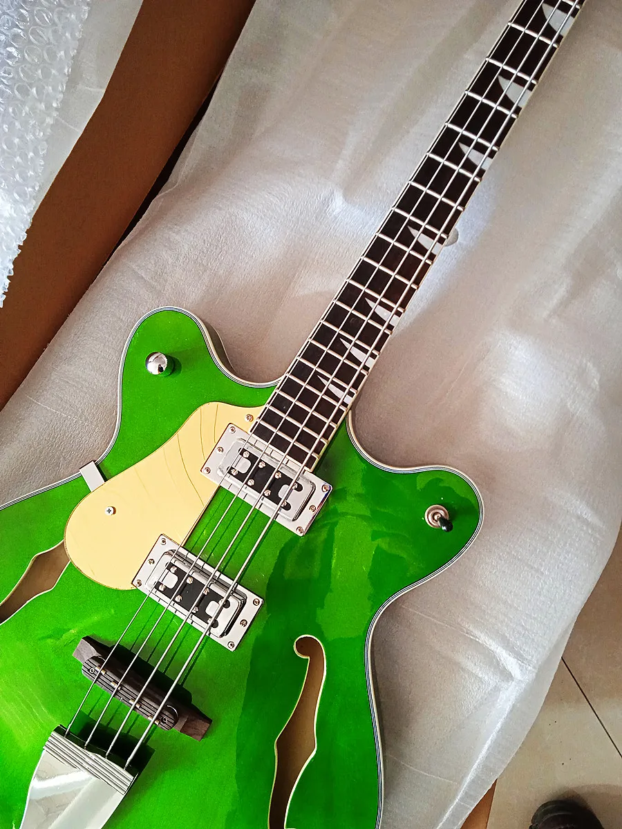 Left-Handed Bass clear Green Gloss vintage Electric Guitar Golden protective plate