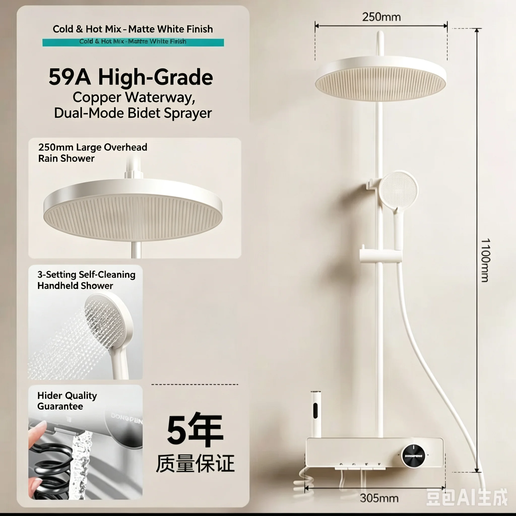 New Gun Grey Milk White Shower Head Set with Large Storage Rack, Boosting Piano Button Shower Head Set Internal brass material