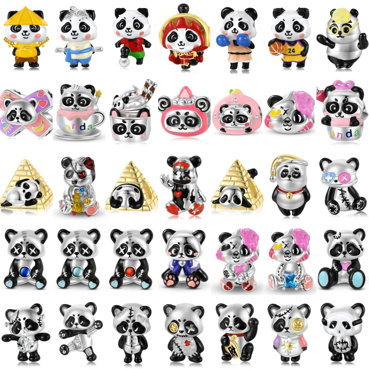 

925 Sterling Silver Panda Doll Pyramid Coffee Cup Violence Animal Charm Bead for Women Mother Girl Bracelet Making Accessorie