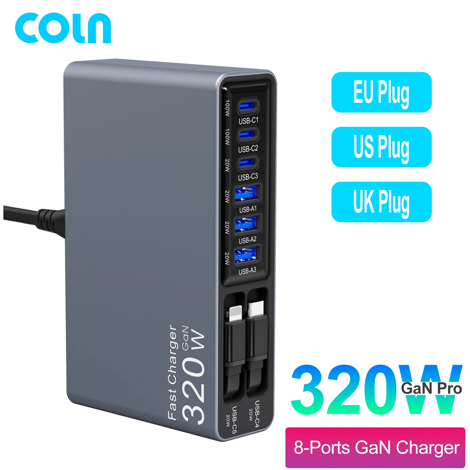 

Зарядное устройство Coln 320W USB Type C GaN с быстрой зарядкой PD100W, настольная зарядная станция с выдвижным кабелем для Macbook, ноутбуков, iPhone, iPad