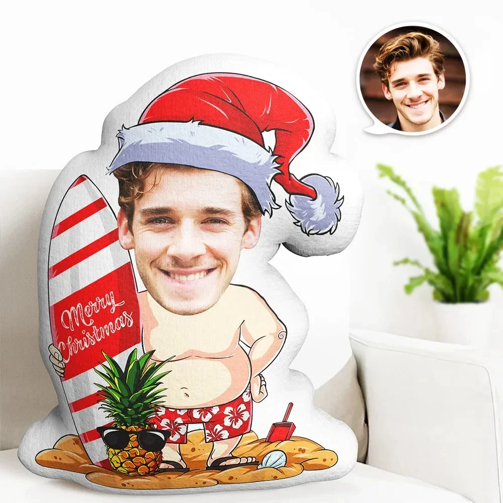 

Christmas Gift Custom Face Pillow Merry Christmas Personalized Beach Surfing Skateboard Minime Cushion