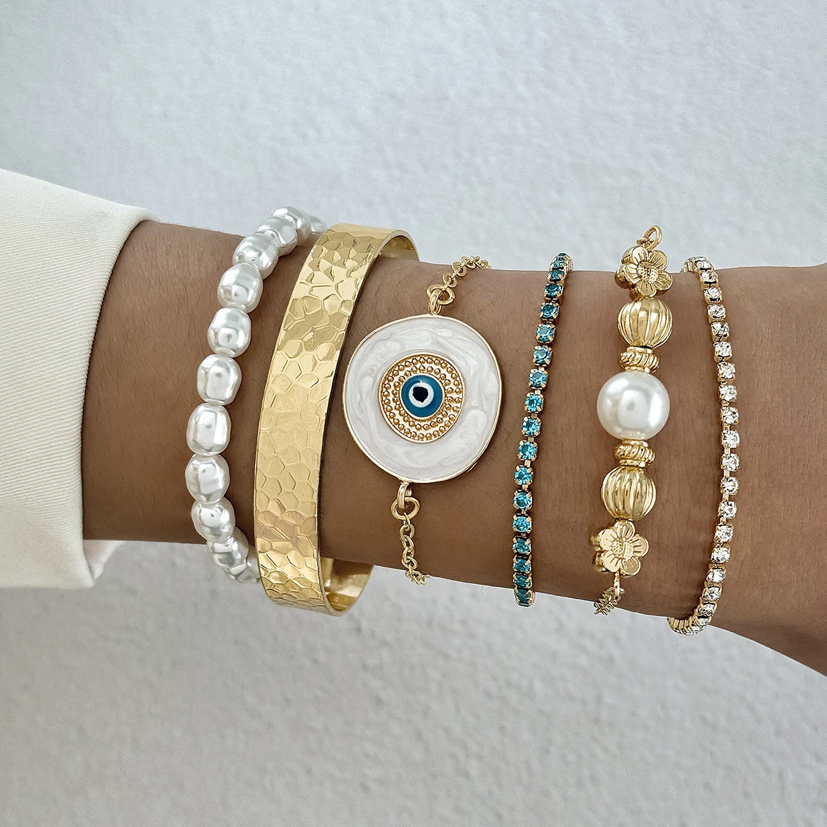 Tocona Simple Multi-storey Gold Colour Evil Eye Geometry for Women Temperament Bracelet Set Hand String Jewelry Accessory
