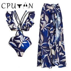 CPUTAN 2024 Bikinis Ruffled Swimsuit High Waist Bikini Swimwear and Skirt Women Sexy Push Up Black and White V-Neck Bathing Suit