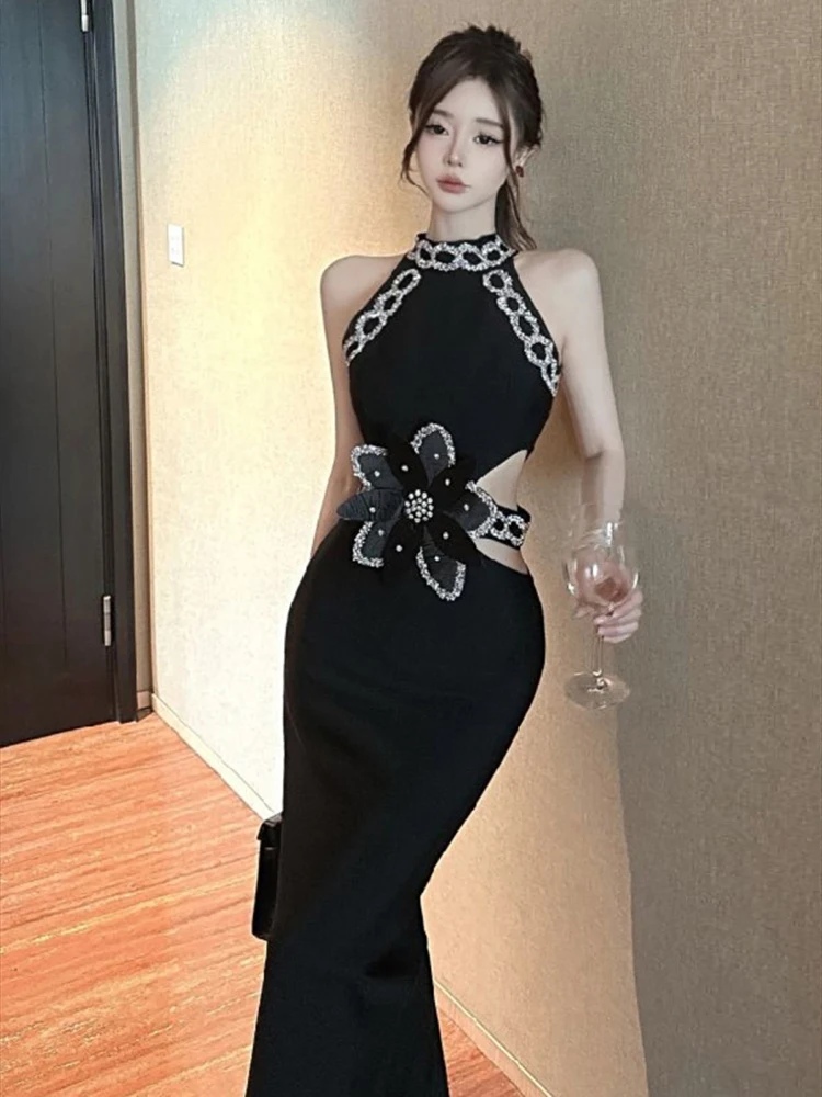 2024 Summer Elegant Temperament Sleeveless Off Shoulder Nail Drill Tight Dress Women Cinching Waist Slim Long Dress
