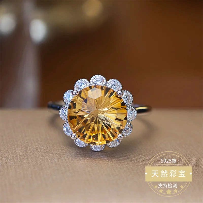 

Natural Citrine Wedding Ring 925 Sterling Silver Fine Women Girl Lady Adjustable Size Jewelry Gift