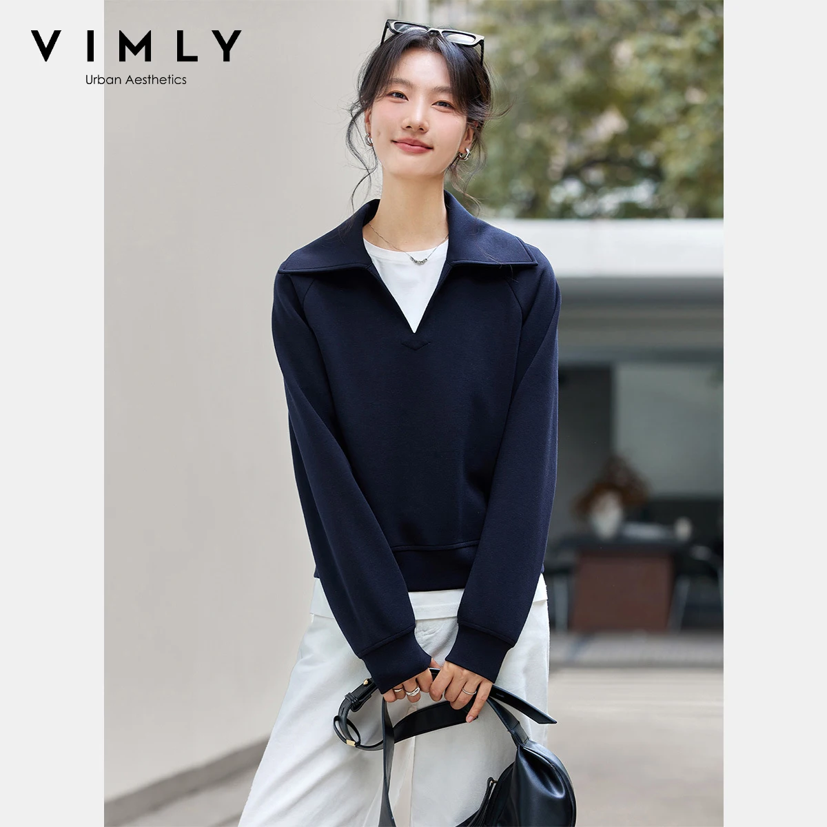 VIMLY Sports Women Sweatshirts Autumn 2025 Navy Blue Knitted Female Sweatshirt Elegant Office Wear Polo Neck Ladies Tops A2220
