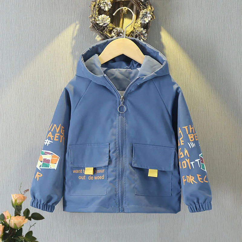 Kids Hooded Jackets Spring Autumn Zipper Thin Windbreaker Coat Casual Print Boys Girls Punching Outerwear Children Clothes 2-12Y
