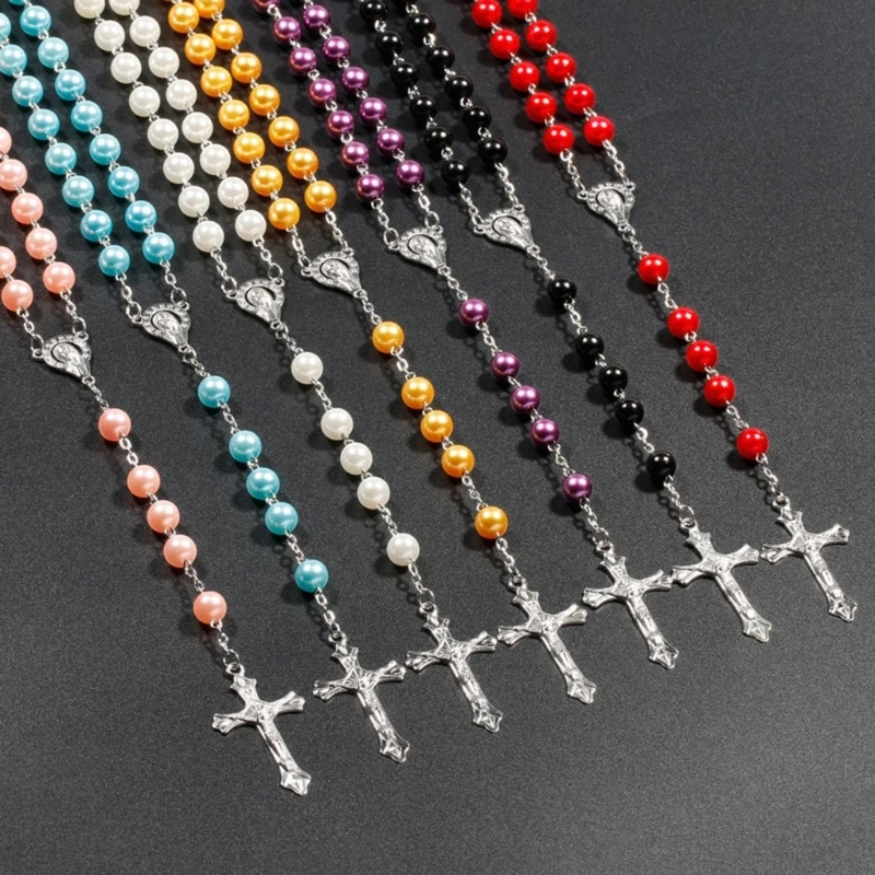 Cross Pendant Necklace 8mm Rosary Beads Neckchain Prayer Beaded Religous Neck Jewelry Accessory Gift for Men Women