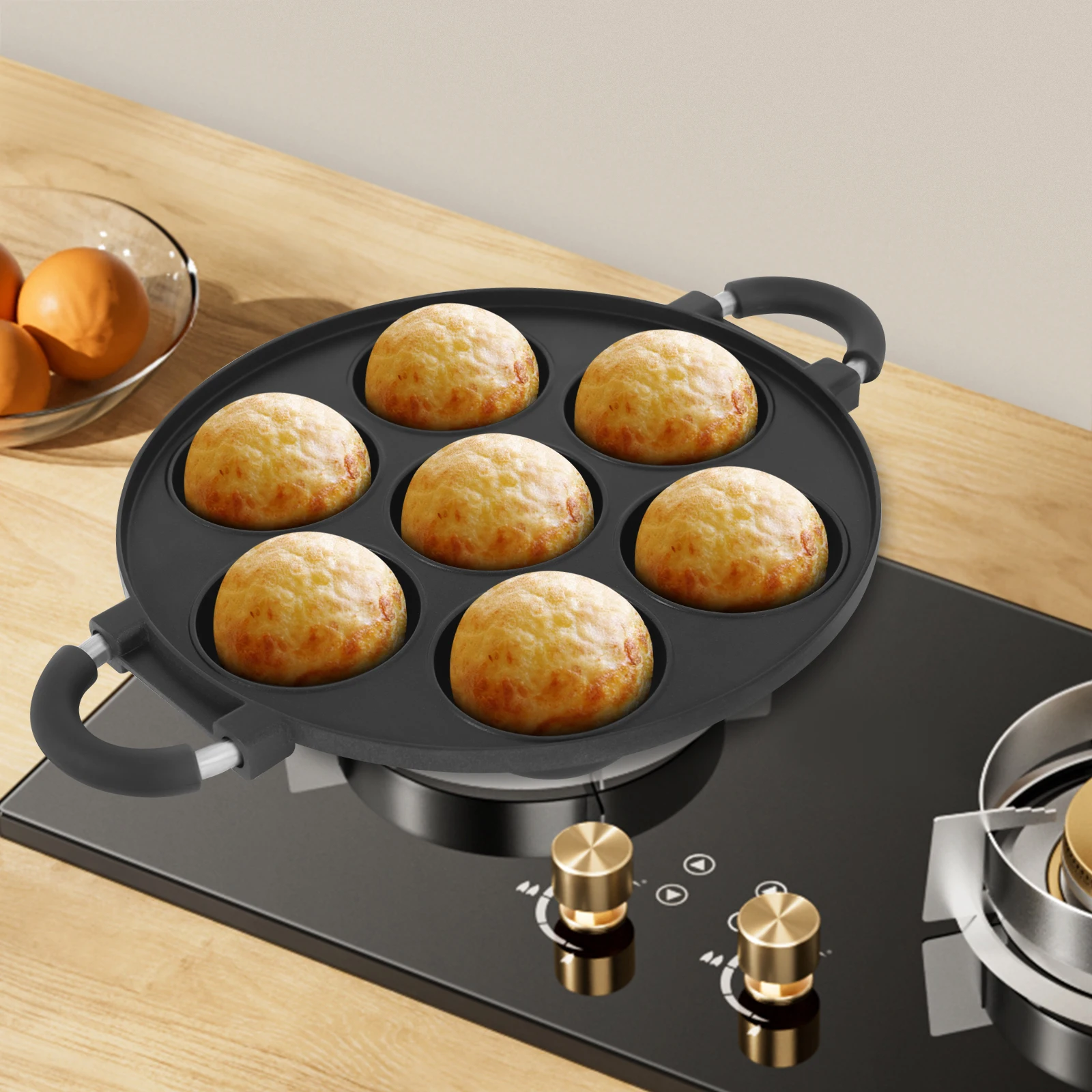 Molde para Pastel, Plancha Antiadherente para Hacer Waffles de Huevo con 7 Cavidades, Molde de Hierro Resistente para Panqueques, Takoyaki o Huevo Frito
