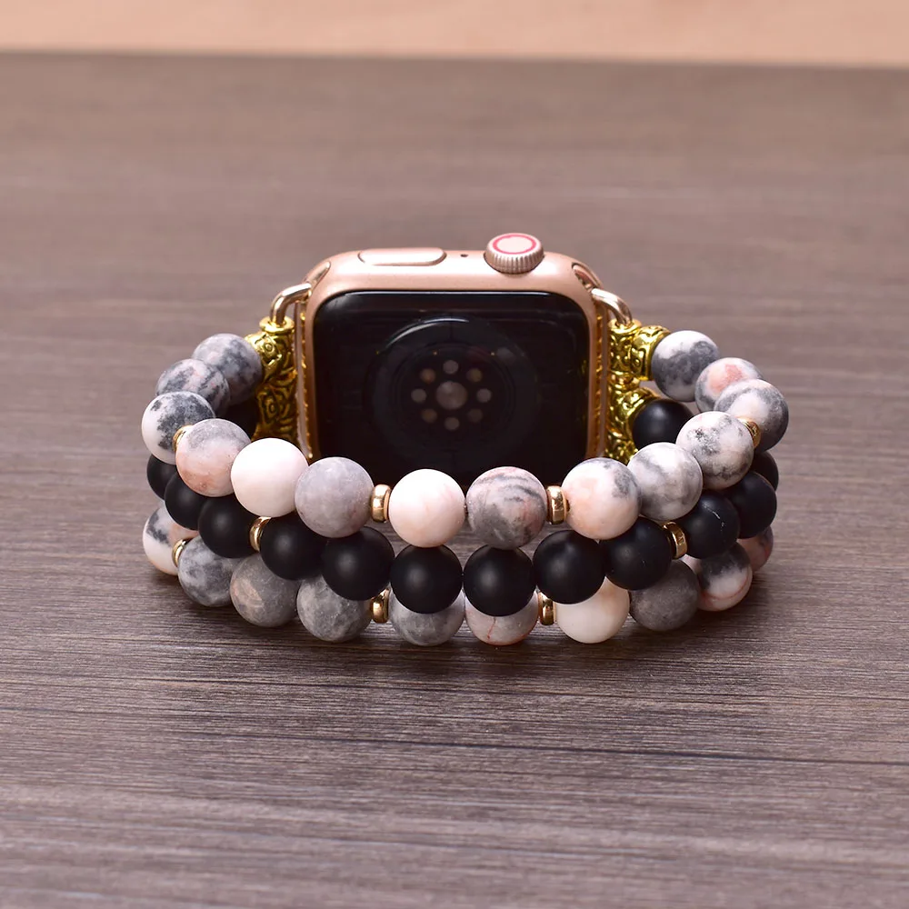 Premium Matte Pink Black Onyx Apple Watch Band 38mm 40mm 41mm 42mm 44mm 45mm Beaded Bracelet Strap for Women Iwatch Series 1-SE