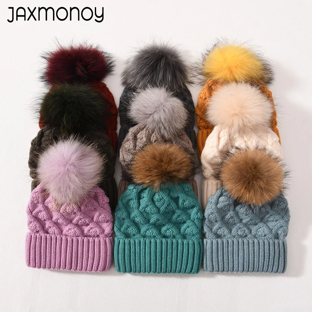 

Jaxmonoy Women's Beanie Hat With Real Raccoon Fur Pompom Winter Warm Wool Blend Knitted Skullies Hats Ladies Comfortable Beanies