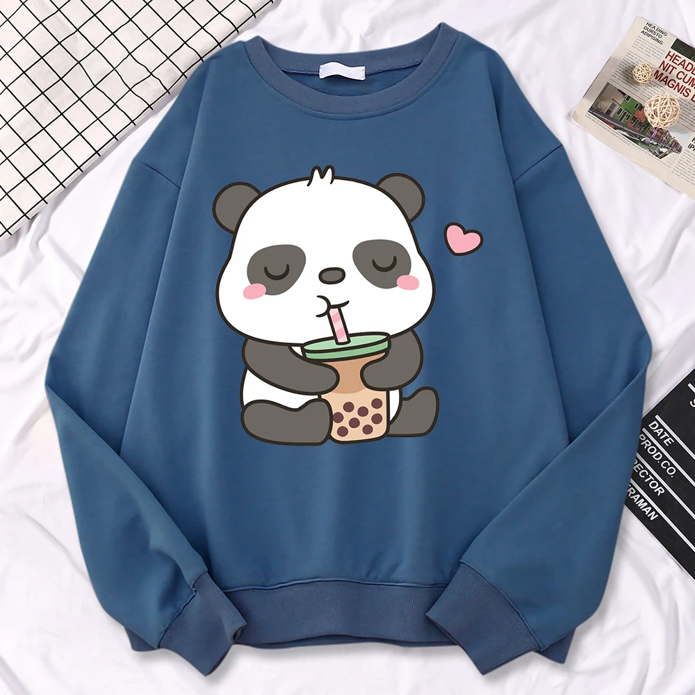 Simple Casual Womens Sweatshirts Pandas Love Drinking Pearl Milk Tea Print Hoodies Warm Fleece Pullovers Crewneck Soft Clothes