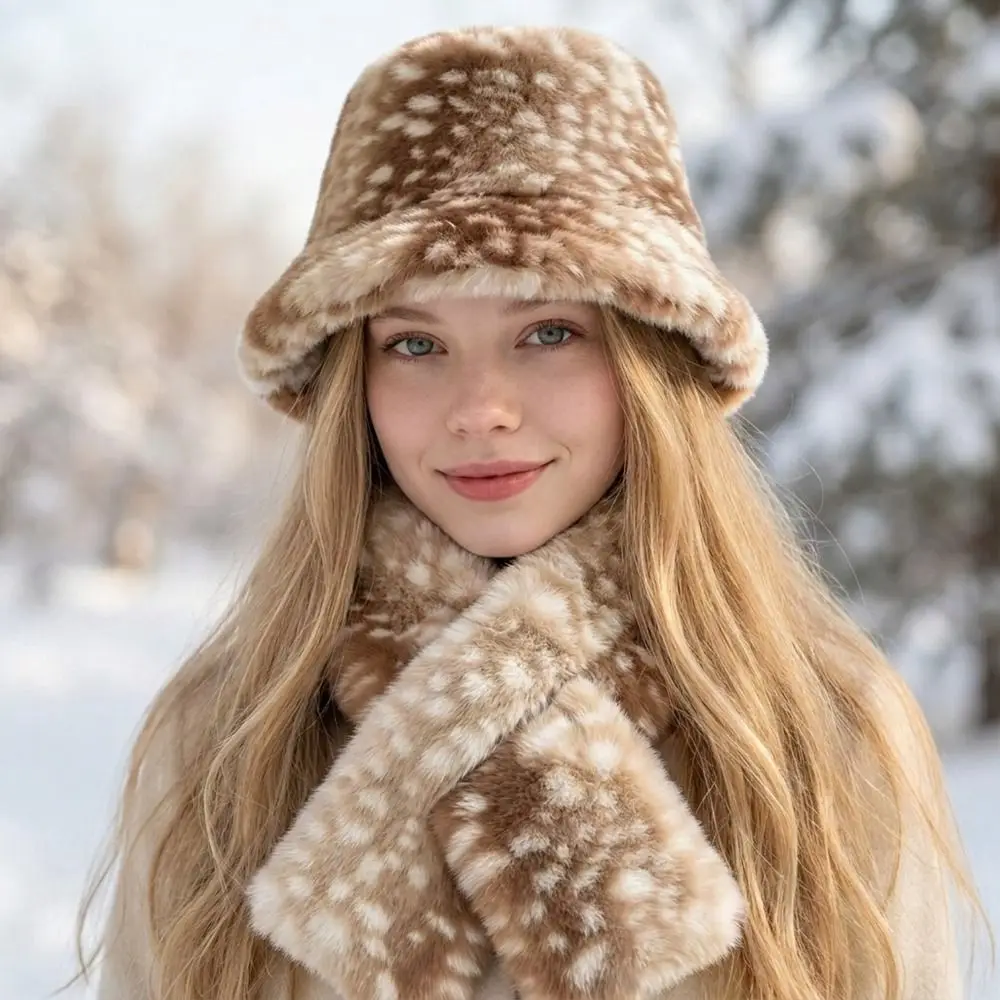 Thick Warm Deer Patterned Faux Fur Hat Faux Mink Fur Soft Fluffy Cross-tie Scarf Windproof Cozy Skin Friendly