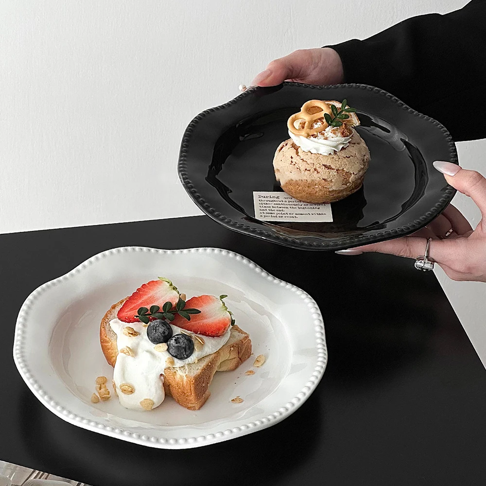 

Ceramic Serving Plates Beaded Scalloped Rim Glossy Porcelain Plate Food Safe Home Kitchen Breakfast Dessert Dish Tableware