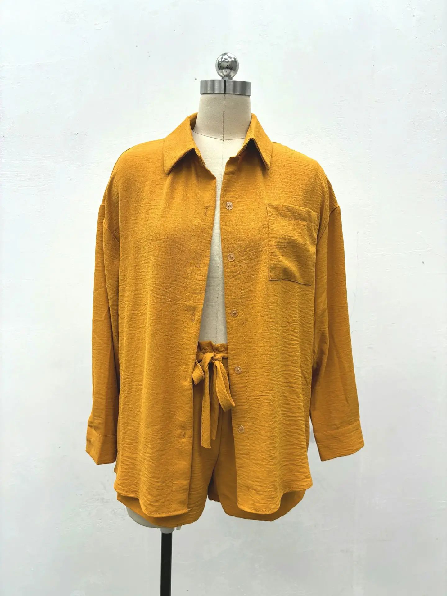 Straße Solide Lose Beiläufige Shorts Outfit Frühling Frauen Tasche Lange Ärmel Hemd + Hohe Taille Spitze Up Shorts Sommer Zwei stück Set