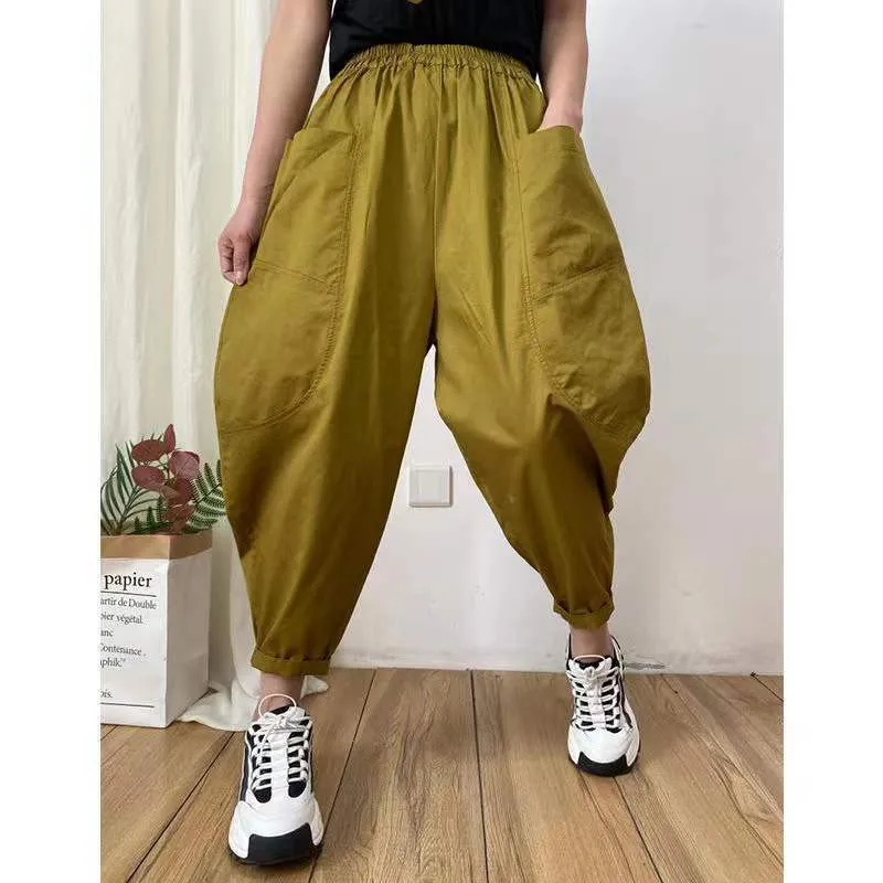 New Arrival 2023 Spring Summer Women Elastic Waist Loose Ankle-length Pants All-matched Casual Solid Cotton Harem Pants P271