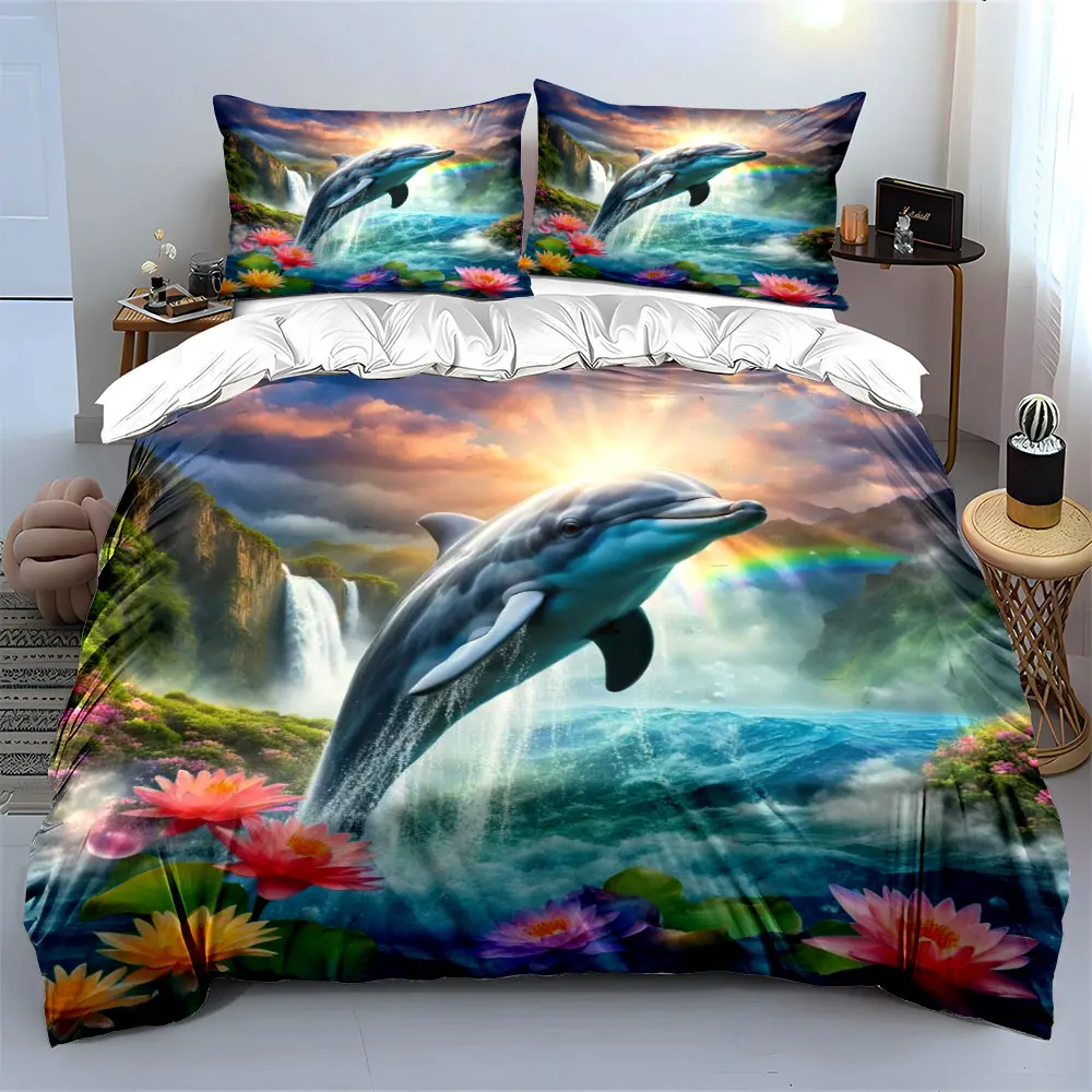 Dolphin leaping over waterfall with lotus Bedding Set for Kids Luxury Gift 3pcs Digital Print Comforter Set Soft Comfortable
