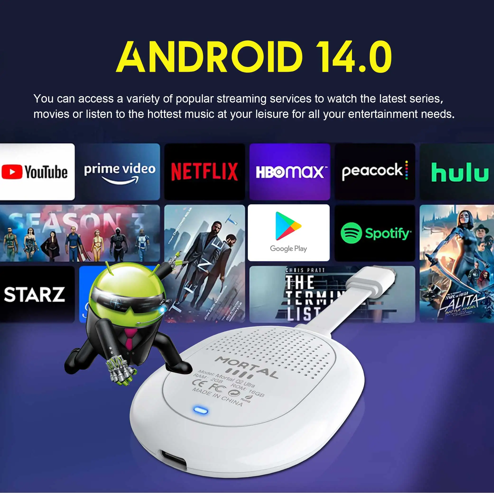 Q2 Ultra Smart Android 14.0 TV Stick Rockchip RK3518 Voice Control 4K Ultra HD Media Player Supports Dual-Band WiFi 6 BT 5.0