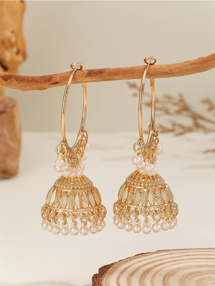 1 Pair of Fashionable Hoop Earrings, Elegant Jhumka Imitation Pearl Earrings with Bell-Shaped Beads and Tassels, Simple Solid Color, Suitable for Women and Girls for Daily Wear, Festivals, Weddings, and Parties/Jewelry Gifts