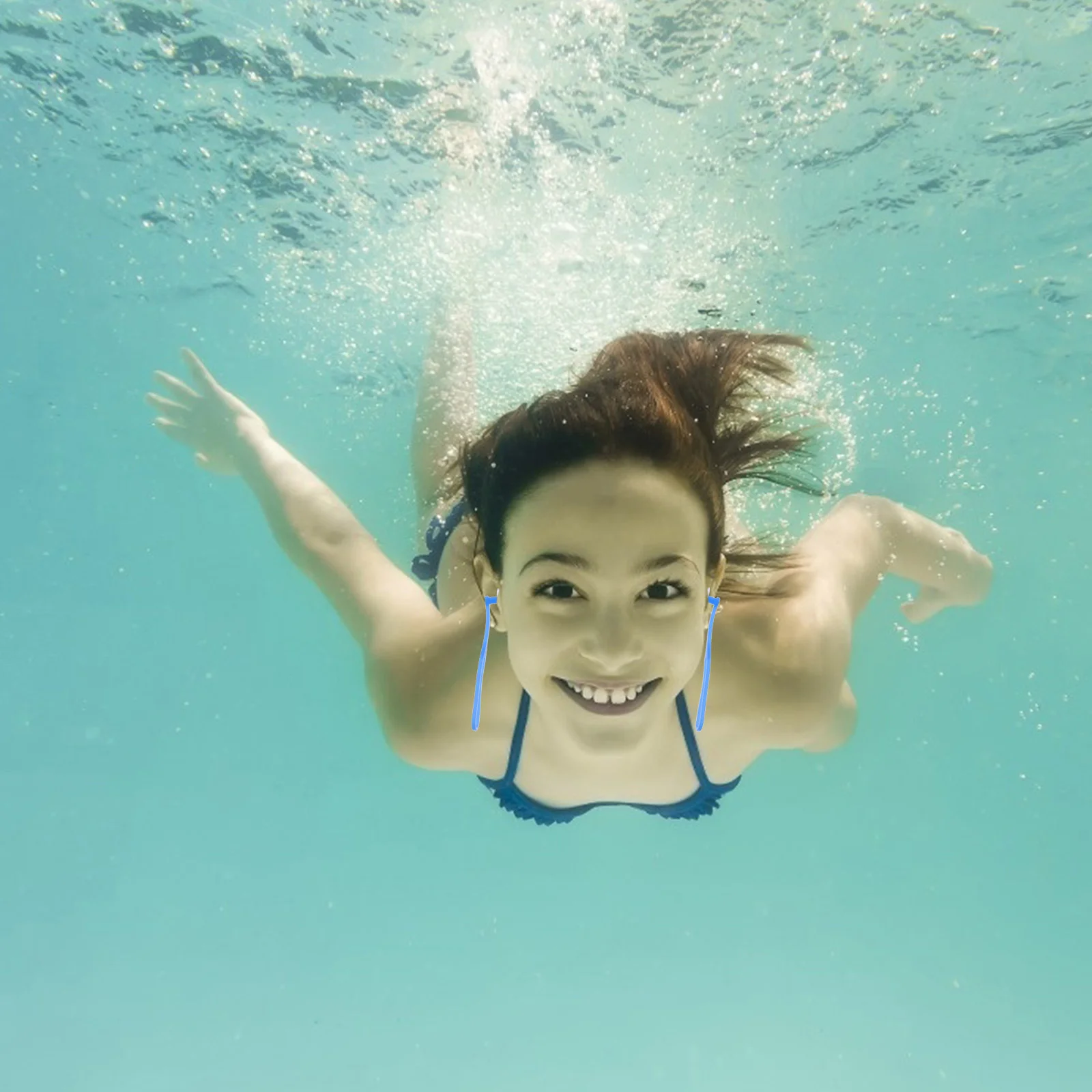 2 قطعة سدادة أذن مقاومة للماء على شكل فطر من السيليكون سدادات أذن للسباحة للبالغين باللون الأزرق تحت الماء للغوص حبل معلق