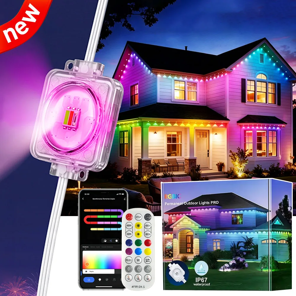 300フィートの常設型屋根用ledスマートrgb屋外照明、リモコン付き、家全体の屋根照明、クリスマスホリデーデコレーション