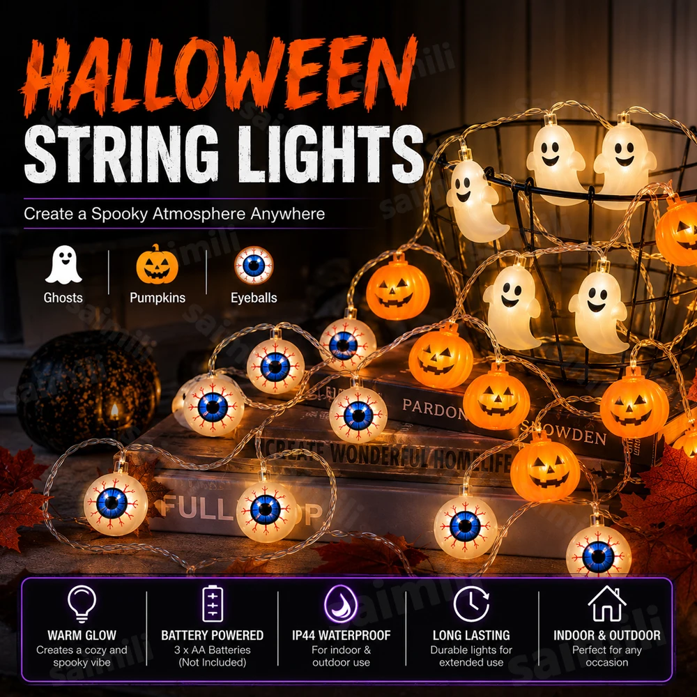 Halloween LED String Lamp Pumpkin Ghost Eyeball Warm Glow Battery Horror Atmosphere Decor For Indoor Outdoor Home Party Holiday
