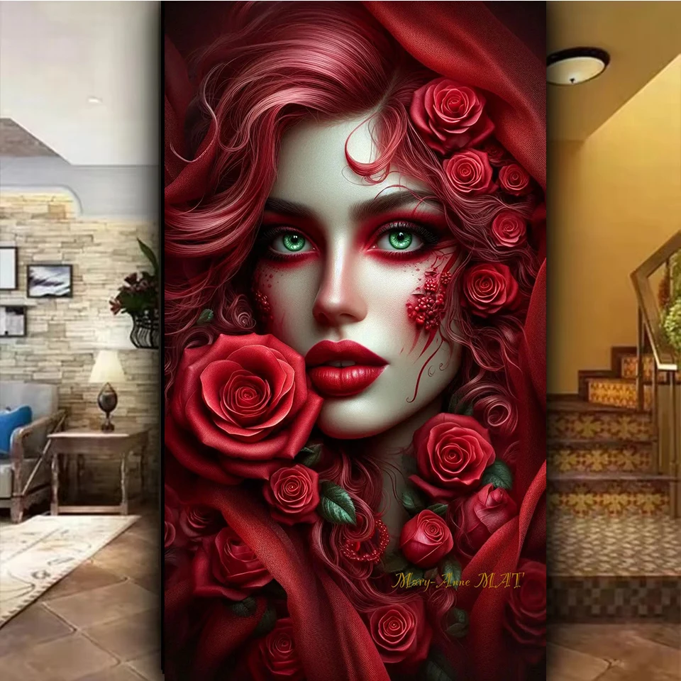 

diy diamond painting Mysterious Red Rose Woman Jewelry cross stitch Full diamond art crystal mosaic Home Decor