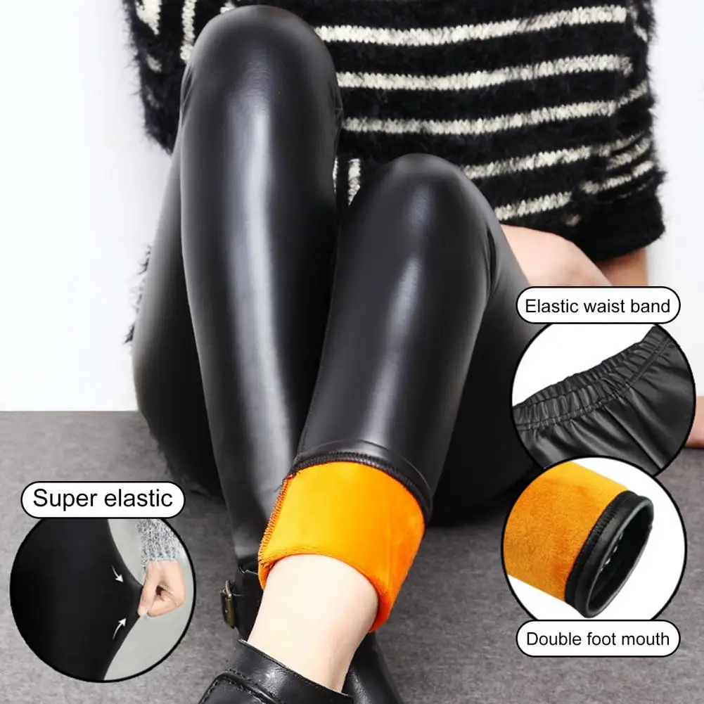 New women Winter PU Leather Pants Elastic High Waist Thick Velvet Leggings Warm Trousers Thick Stretch Fleece Lining pantyhose