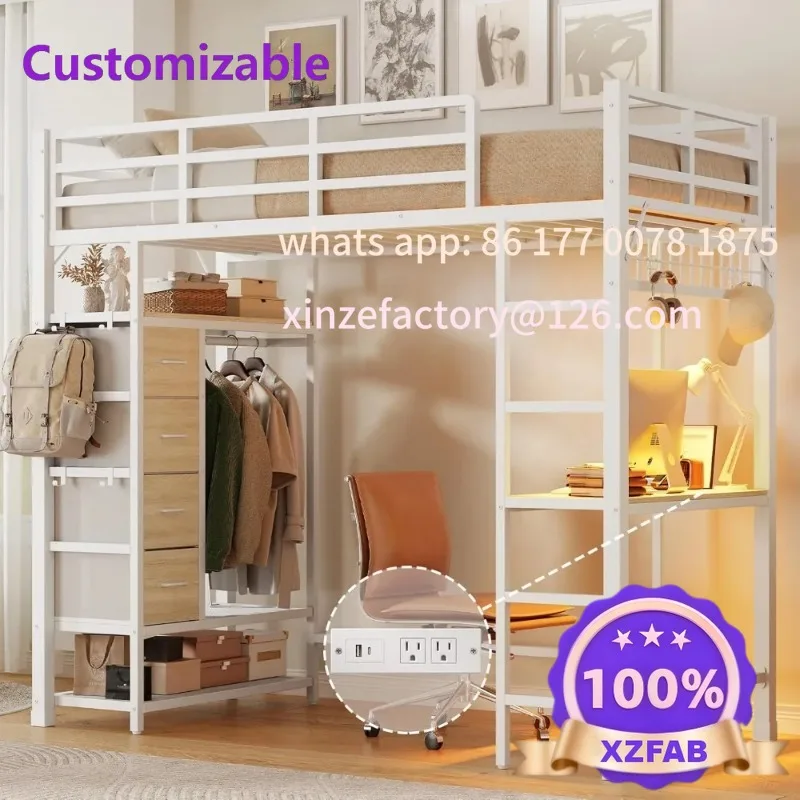 Customizable  Heavy Duty Metal Loft Bed with 4 Fabric Drawer & Clothes Rail, 2 Twin Size Loft Bed with Desk & Outlet, LED Light