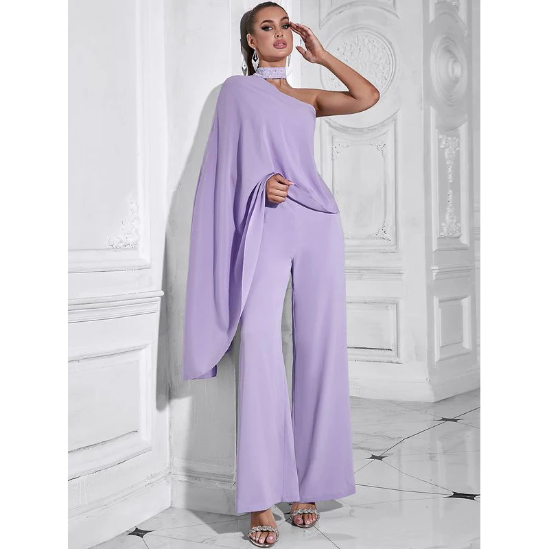 MSMUSI 2025 New Fashion Women Sexy Solid One Shoulder Cape Draped Backless Bodycon Party Club Flare Pant Slit Slim Lady Jumpsuit